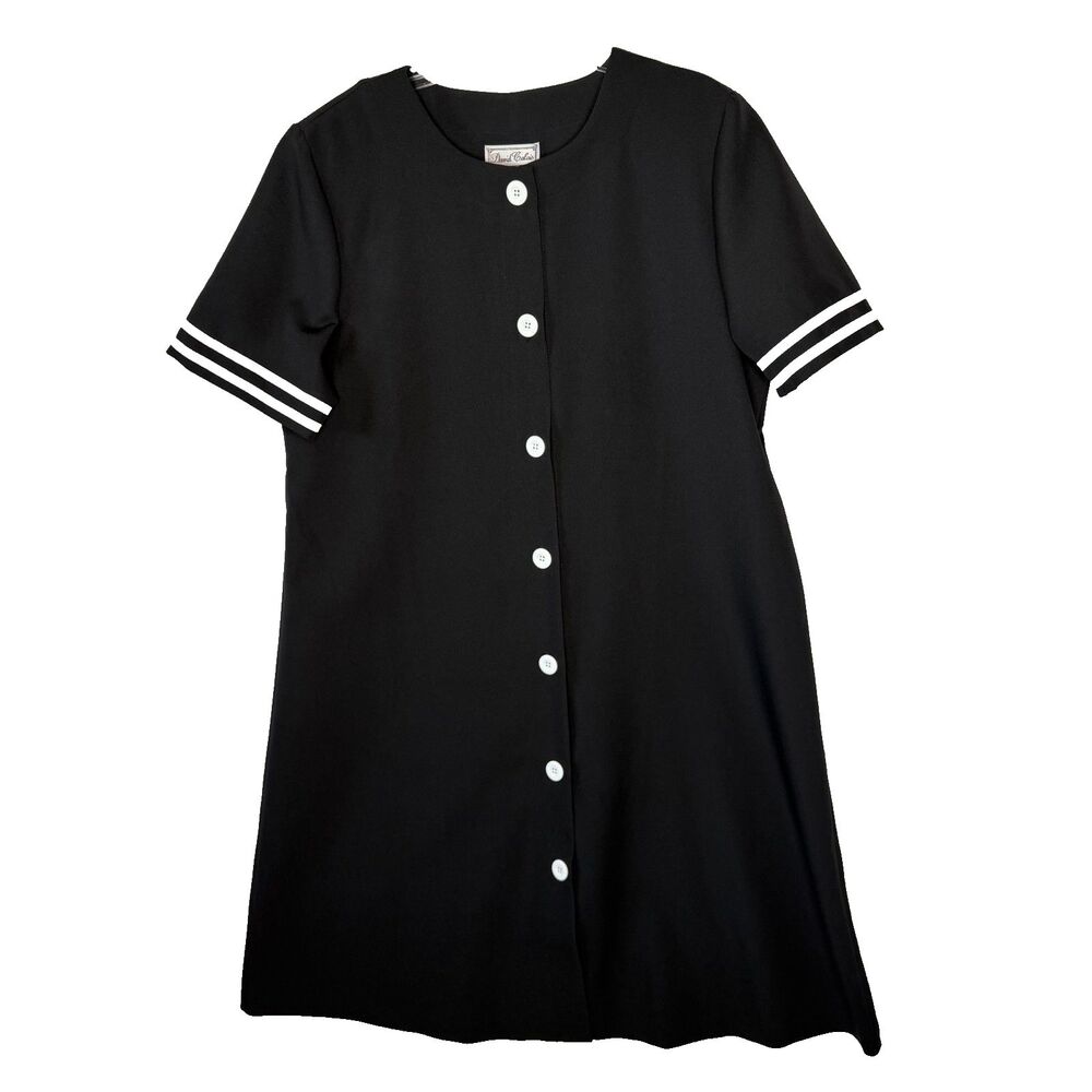 David Calais Vintage Black and White Button Front Shift Dress Size 14 Short Slv
